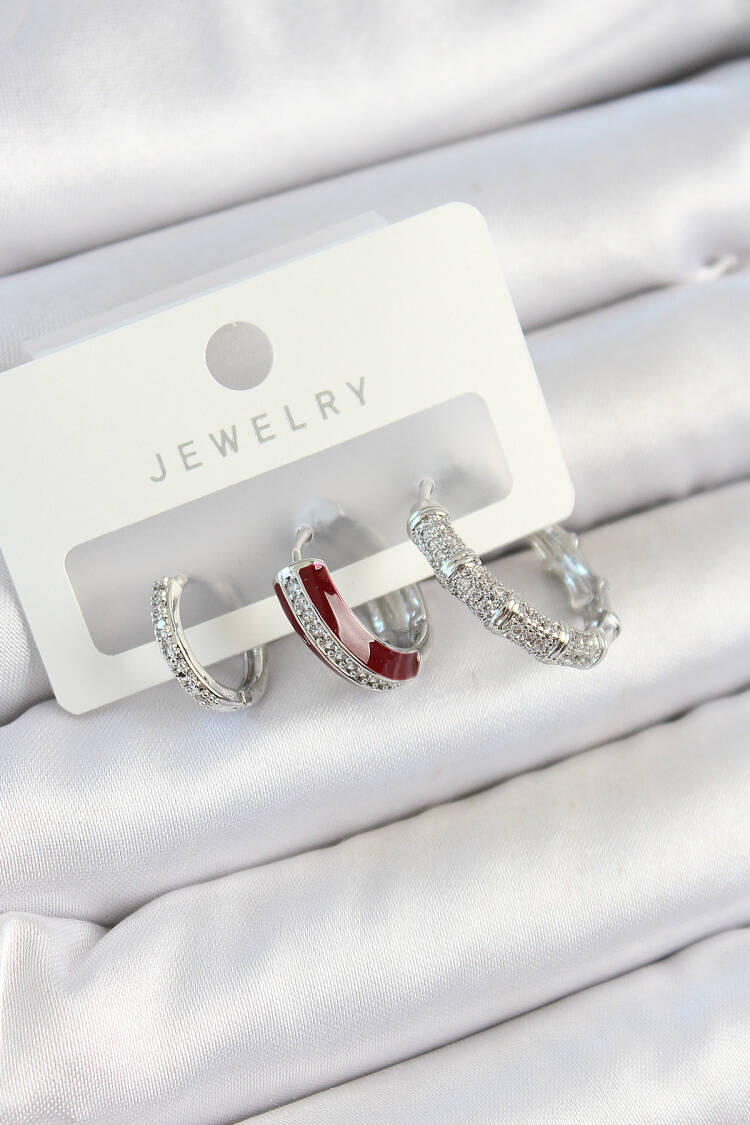 Brass Zircon Stone Burgundy Pink Ring Pattern Silver Color 3 Piece Couple Women Earrings Set - Brand: Ebijuteri - Women's Clothing Wholesale - Globality Store
