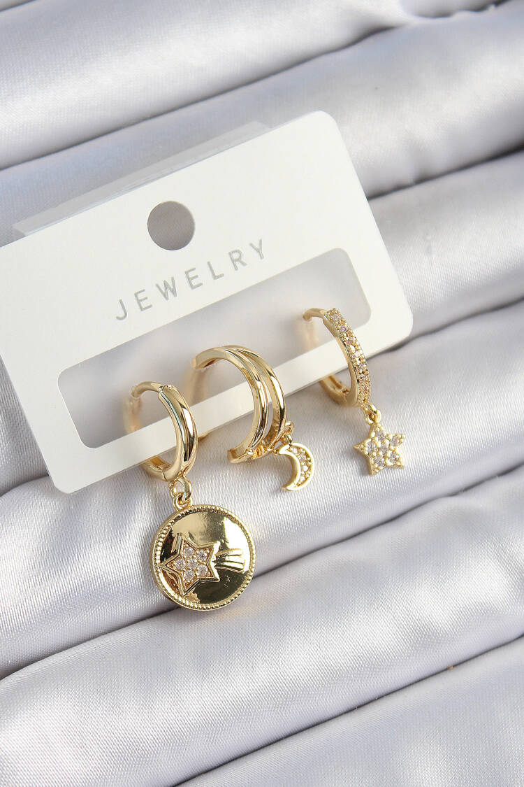 Brass Zircon Stone Star And Moon Model Gold Color 3 Pcs Couple Women Earrings Set - Brand: Ebijuteri - Women's Clothing Wholesale - Globality Store