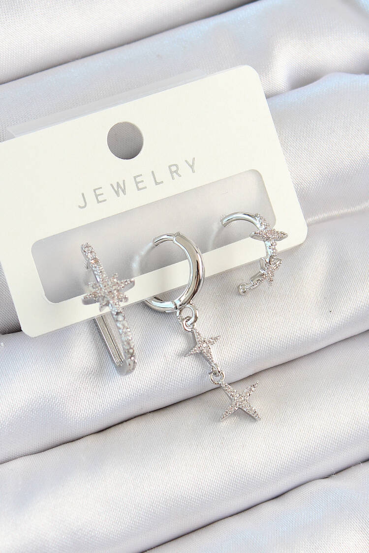 Brass Zircon Stone Butterfly And Swinging Star Pattern Silver Color 3 Pcs Couple Women Earrings Set - Brand: Ebijuteri - Women's Clothing Wholesale - Globality Store