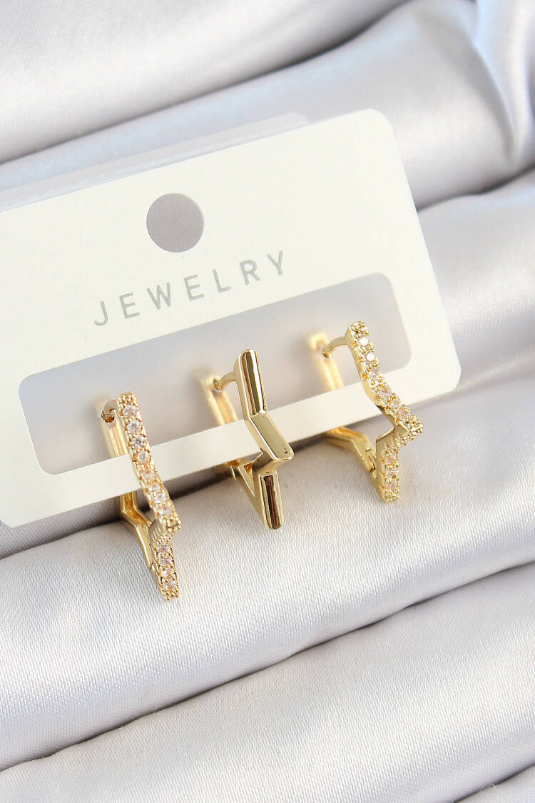 Brass Zircon Stone Star Model Gold Color 3 Pcs Couple Women Earrings Set - Brand: Ebijuteri - Women's Clothing Wholesale - Globality Store