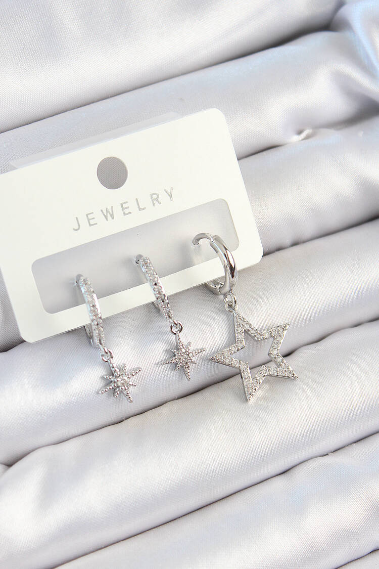 Brass Zircon Stone Star Model Silver Color 3 Pcs Couple Women Earrings Set - Brand: Ebijuteri - Women's Clothing Wholesale - Globality Store