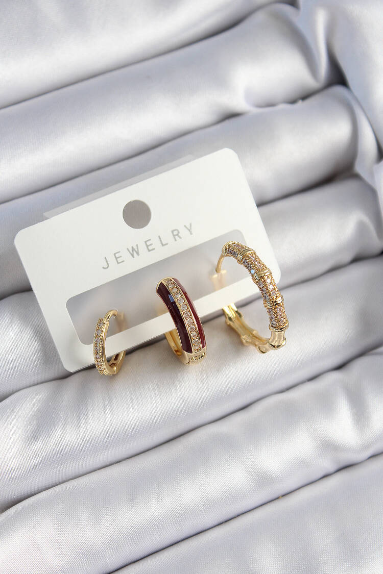 Brass Zircon Stone Burgundy Ring Model Gold Color 3 Pcs Couple Women Earrings Set - Brand: Ebijuteri - Women's Clothing Wholesale - Globality Store