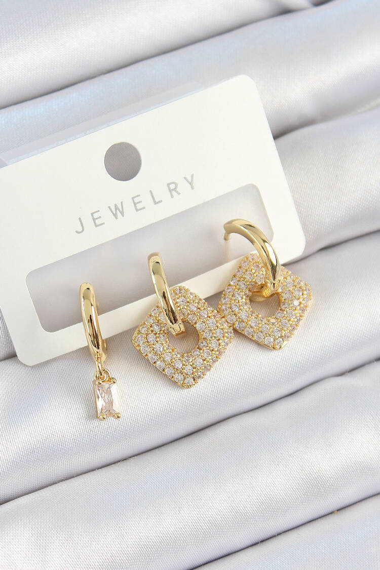 Brass Zircon Stone Square Model Gold Color 3 Pcs Couple Women Earrings Set - Brand: Ebijuteri - Women's Clothing Wholesale - Globality Store