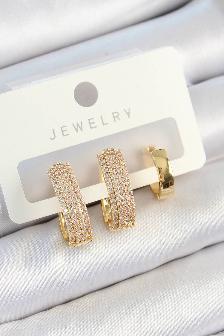 Brass Zircon Stone Drop Model Gold Color 3 Pcs Couple Women Earrings Set - Brand: Ebijuteri - Women's Clothing Wholesale - Globality Store