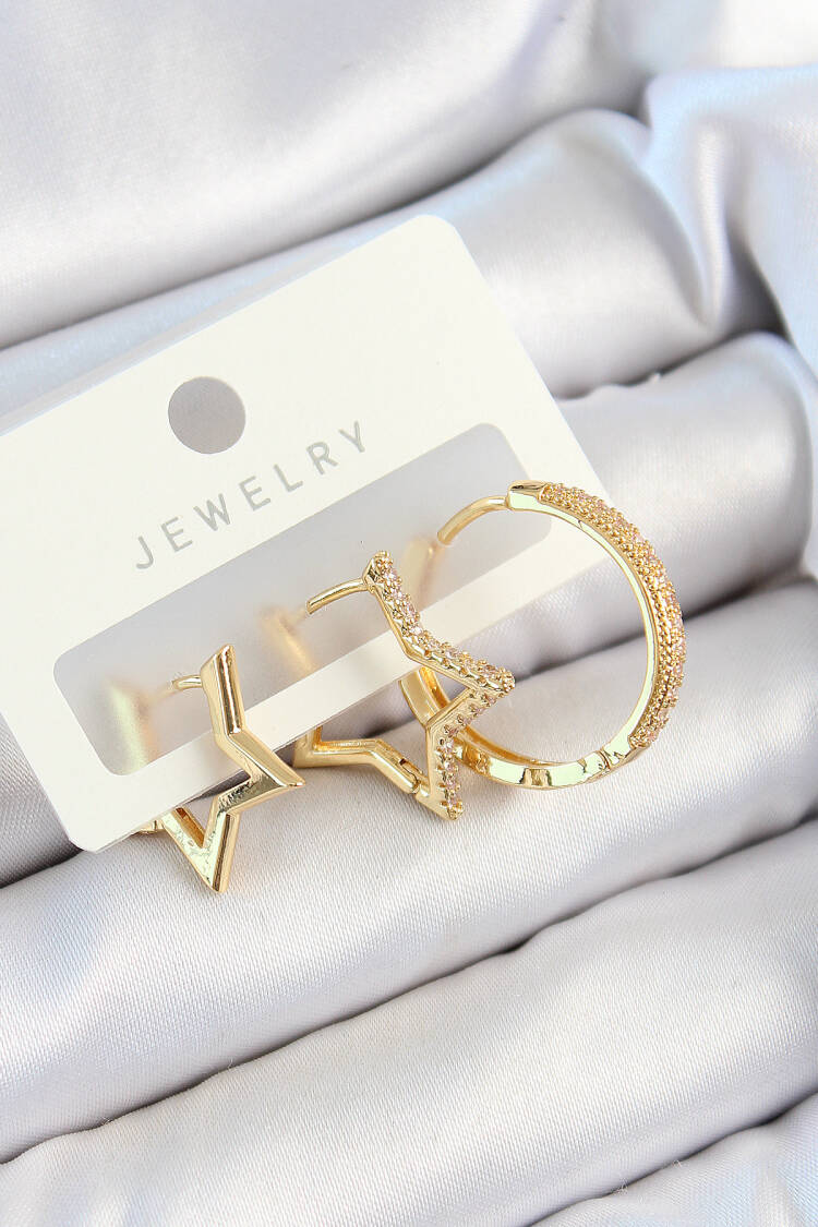 Brass Zircon Stone Star And Ring Model Gold Color 3 Pcs Couple Women Earrings Set - Brand: Ebijuteri - Women's Clothing Wholesale - Globality Store