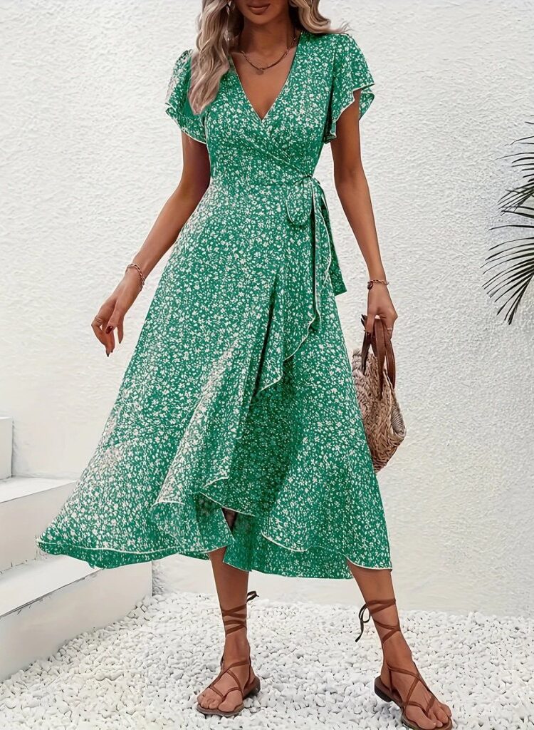 Floral Wrap Dress With Ruffle Short Sleeves