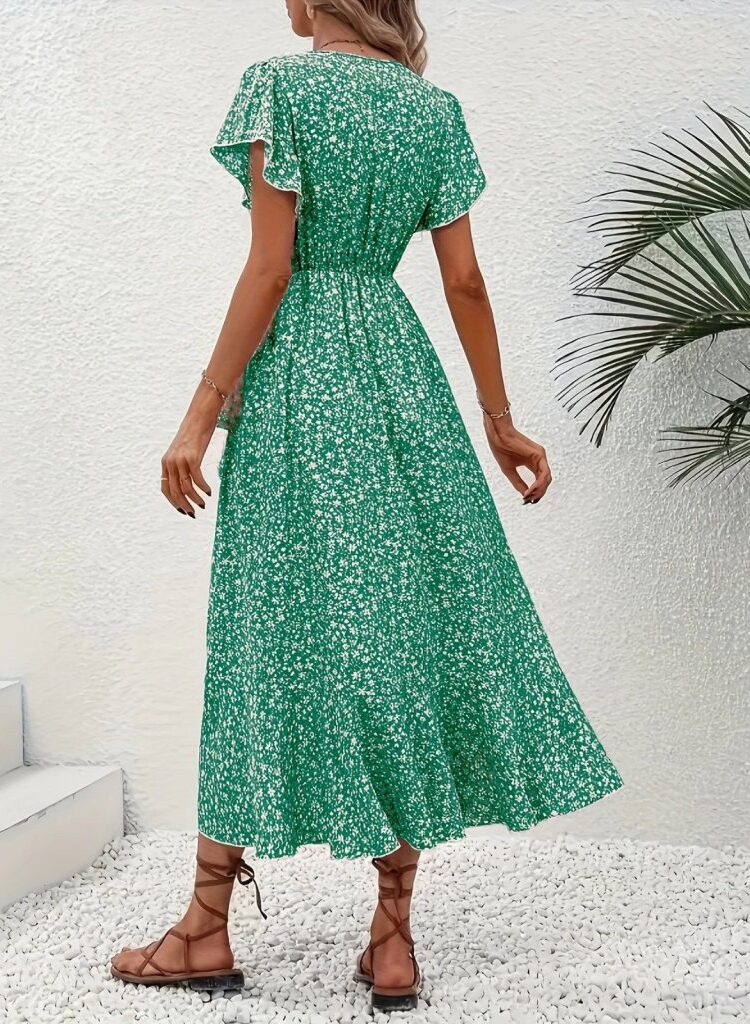 Floral Wrap Dress With Ruffle Short Sleeves