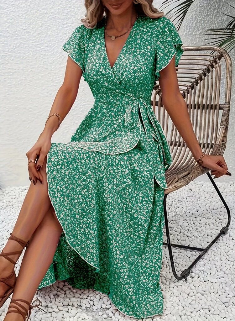Floral Wrap Dress With Ruffle Short Sleeves - Brand: Janes - Women & Kids, Baby Clothes Wholesale - Globality Store