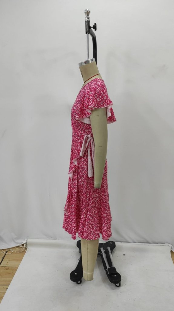 Red Floral Wrap Dress With Flutter Sleeves