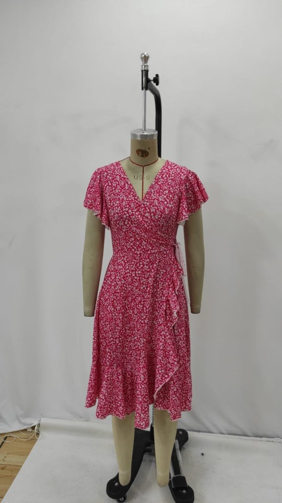 Red Floral Wrap Dress With Flutter Sleeves