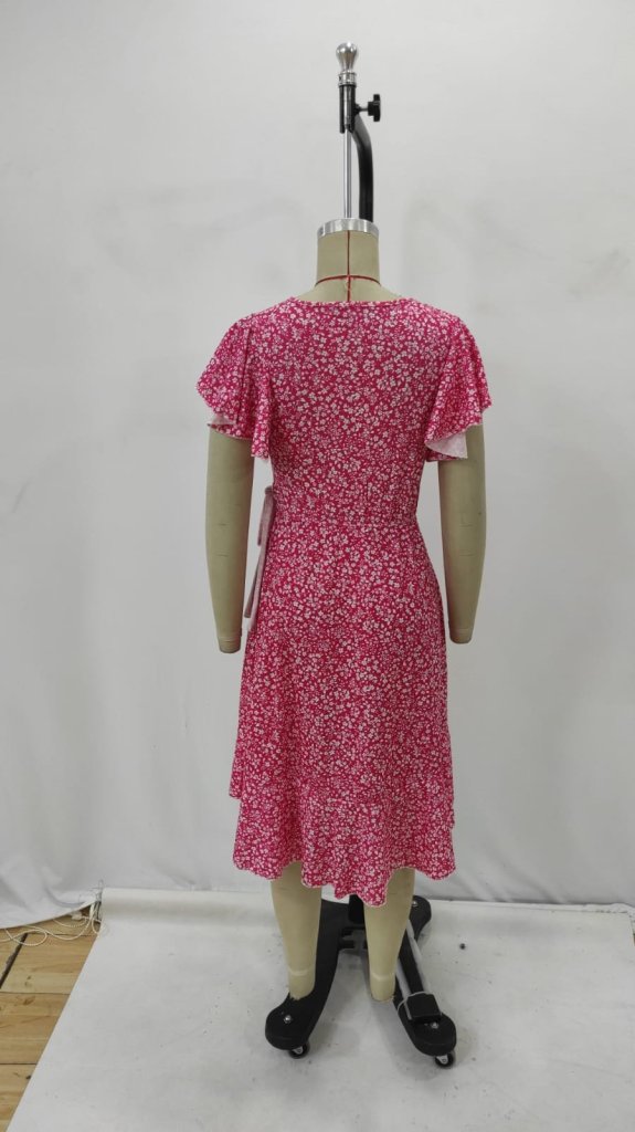 Red Floral Wrap Dress With Flutter Sleeves
