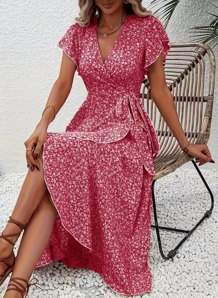 Red Floral Wrap Dress With Flutter Sleeves - Brand: Janes - Women & Kids, Baby Clothes Wholesale - Globality Store