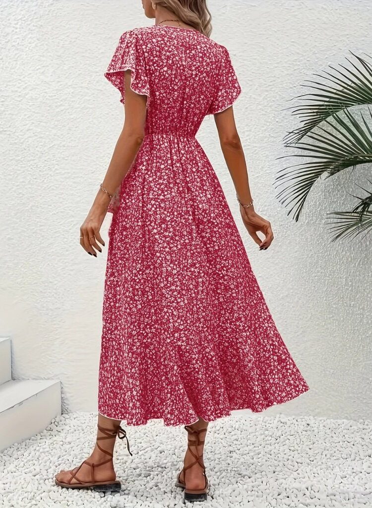 Red Floral Wrap Dress With Flutter Sleeves