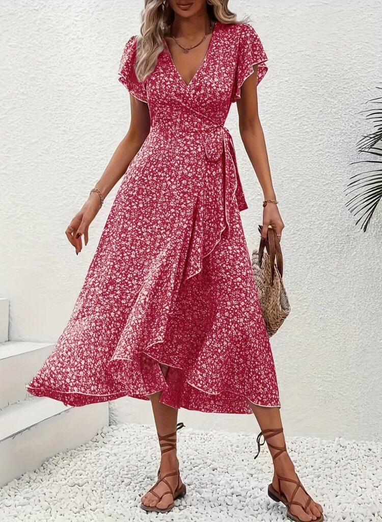 Red Floral Wrap Dress With Flutter Sleeves