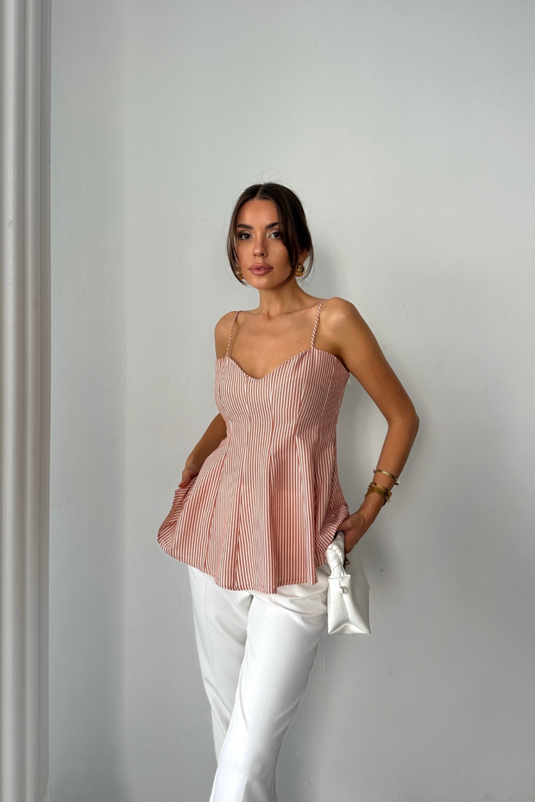 Beige Striped Sweetheart Neck Blouse