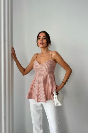 Beige Striped Sweetheart Neck Blouse - Brand: Ello - Women's Clothing Wholesale - Globality Store