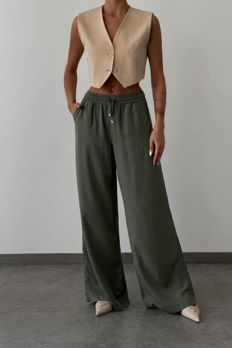 Green Palazzo Pants With Drawstring Closure