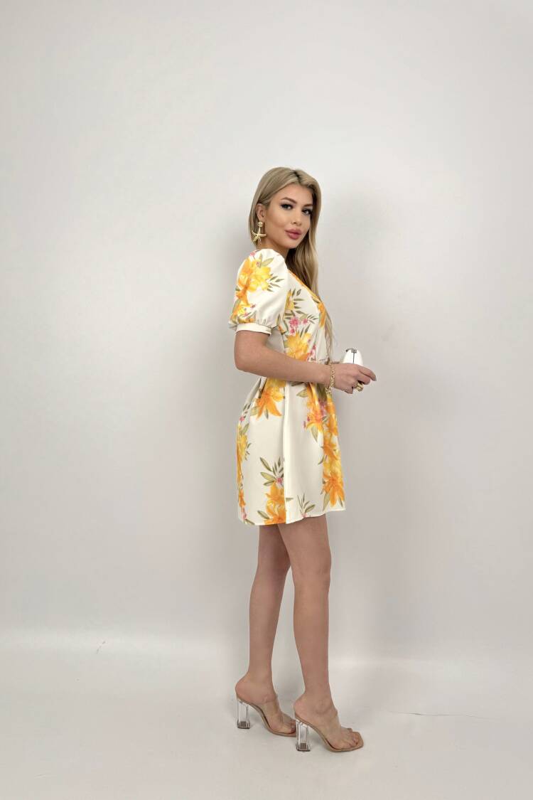 Beige Floral Fit And Flare Mini Dress
