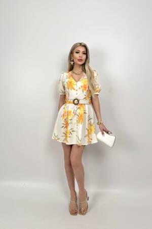 Beige Floral Fit And Flare Mini Dress - Brand: Miss Janell - Women's Clothing Wholesale - Globality Store