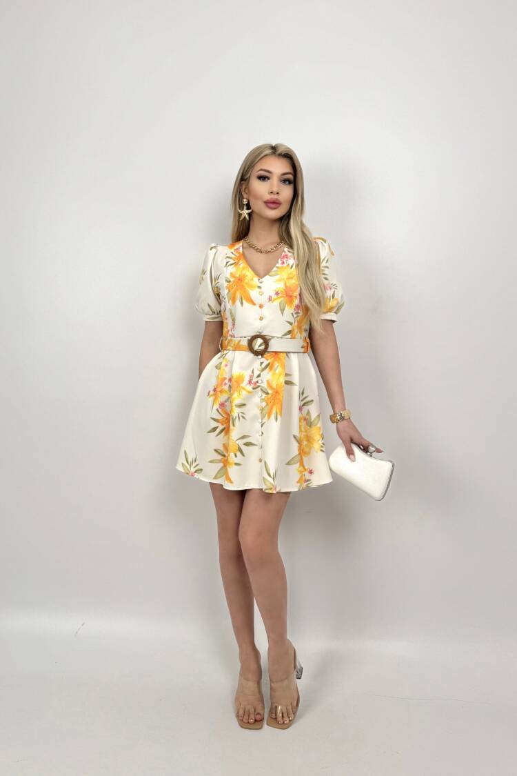 Beige Floral Fit And Flare Mini Dress - Brand: Miss Janell - Women's Clothing Wholesale - Globality Store