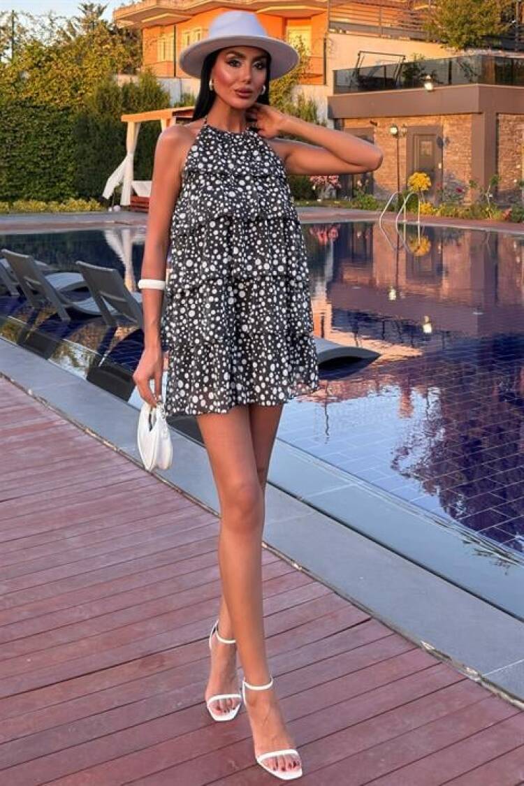 Black Babydoll Mini Dress With Polka Dot Pattern - Brand: Sobe Istanbul - Women's Clothing Wholesale - Globality Store