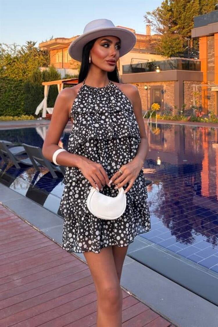 Black Babydoll Mini Dress With Polka Dot Pattern