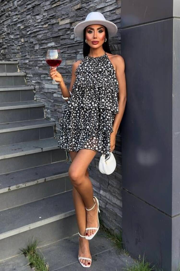 Black Babydoll Mini Dress With Polka Dot Pattern