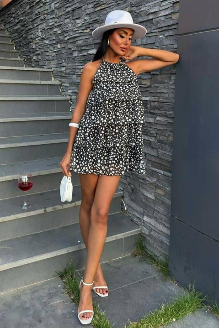 Black Babydoll Mini Dress With Polka Dot Pattern