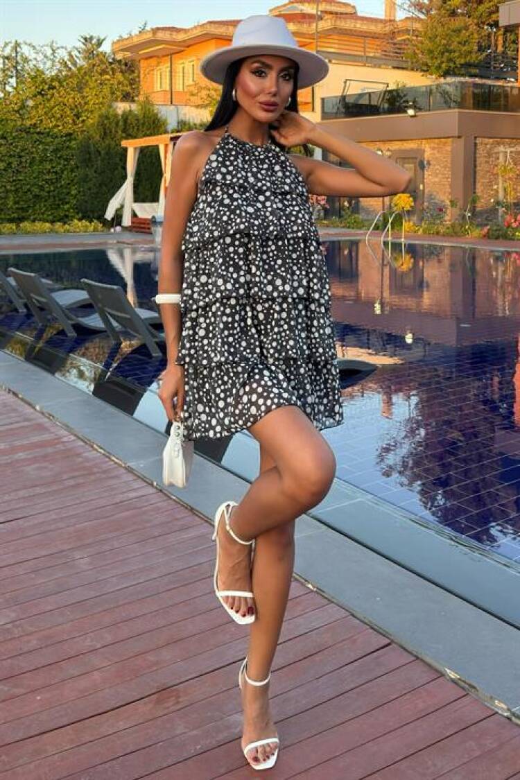 Black Babydoll Mini Dress With Polka Dot Pattern