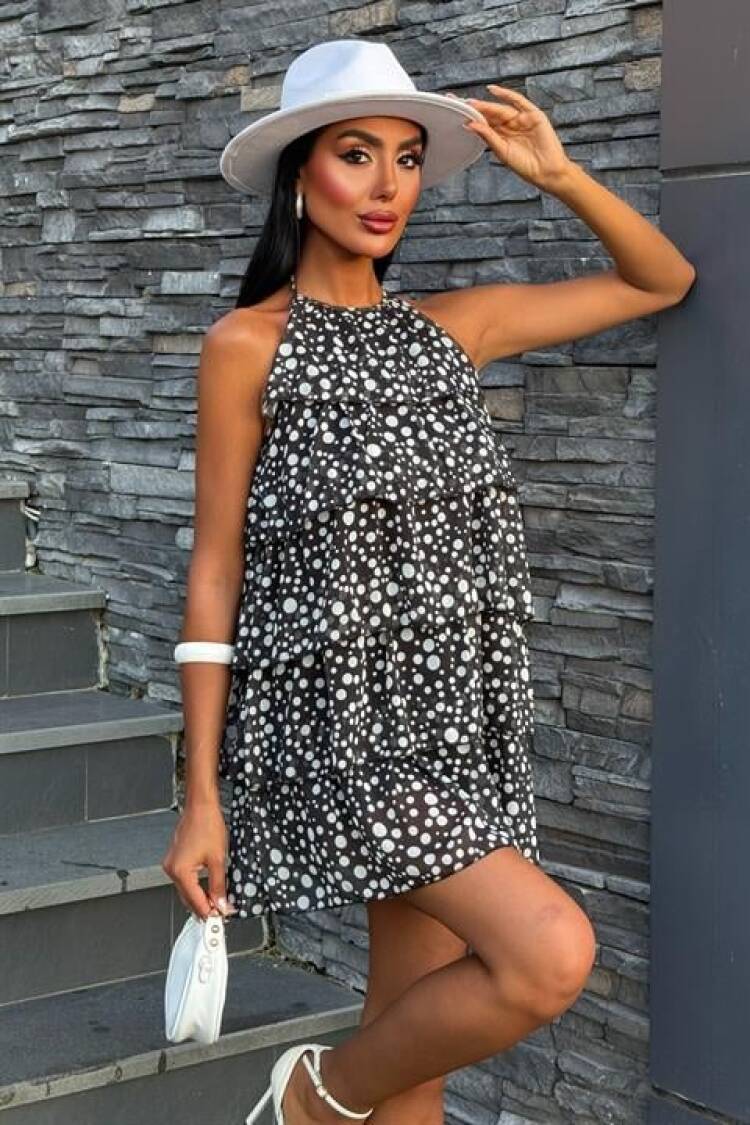 Black Babydoll Mini Dress With Polka Dot Pattern