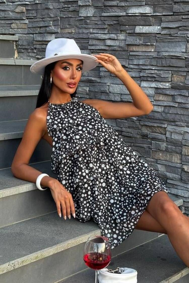 Black Babydoll Mini Dress With Polka Dot Pattern
