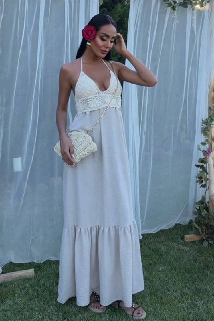 Beige Boho Elegant Maxi Slip Dress With Halter Neck And Cap Sleeve - Brand: Sobe Istanbul - Women's Clothing Wholesale - Globality Store