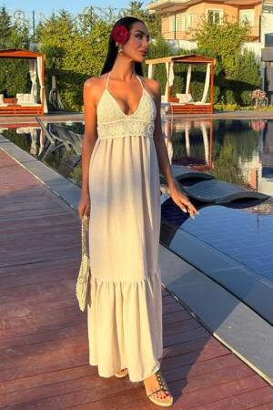 Beige Boho Elegant Maxi Slip Dress With Halter Neck And Cap Sleeve - Brand: Sobe Istanbul - Women's Clothing Wholesale - Globality Store