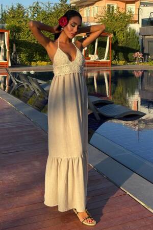 Beige Boho Elegant Maxi Slip Dress With Halter Neck And Cap Sleeve - Brand: Sobe Istanbul - Women's Clothing Wholesale - Globality Store