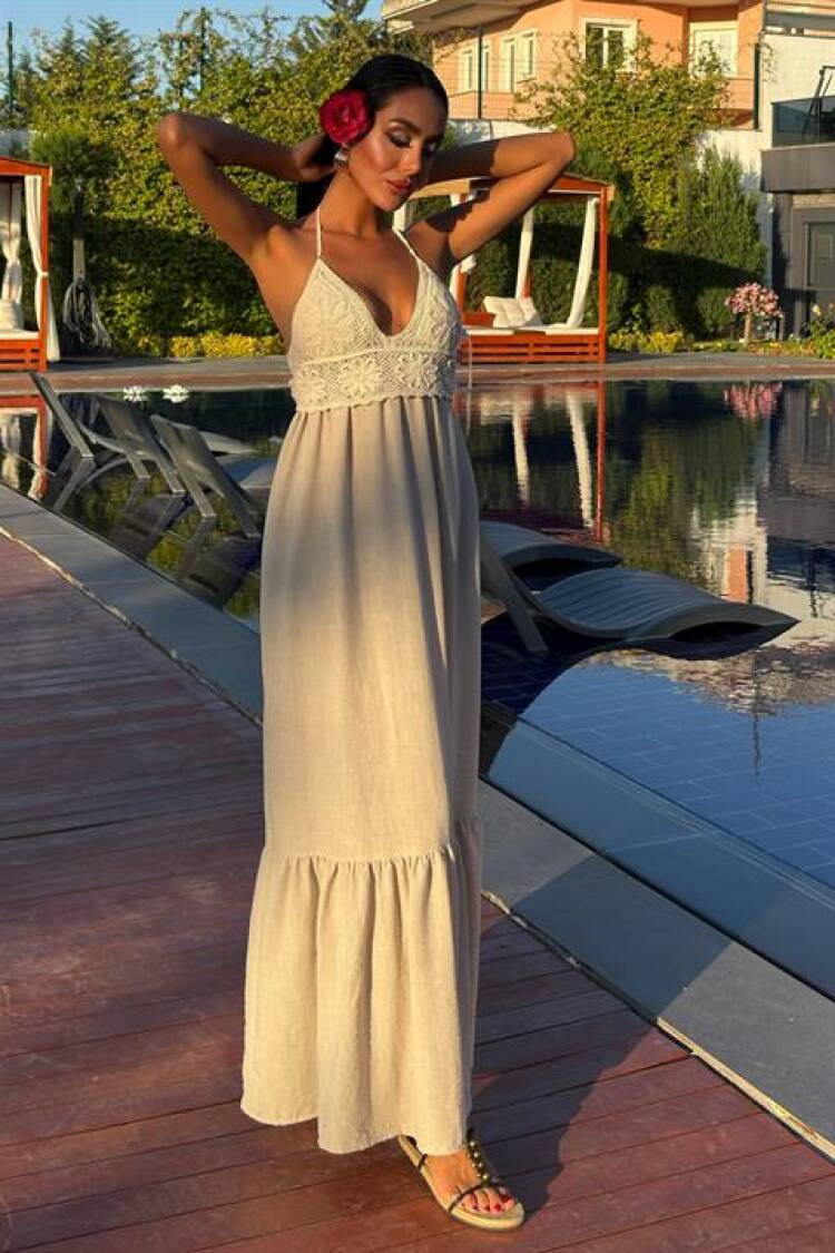 Beige Boho Elegant Maxi Slip Dress With Halter Neck And Cap Sleeve
