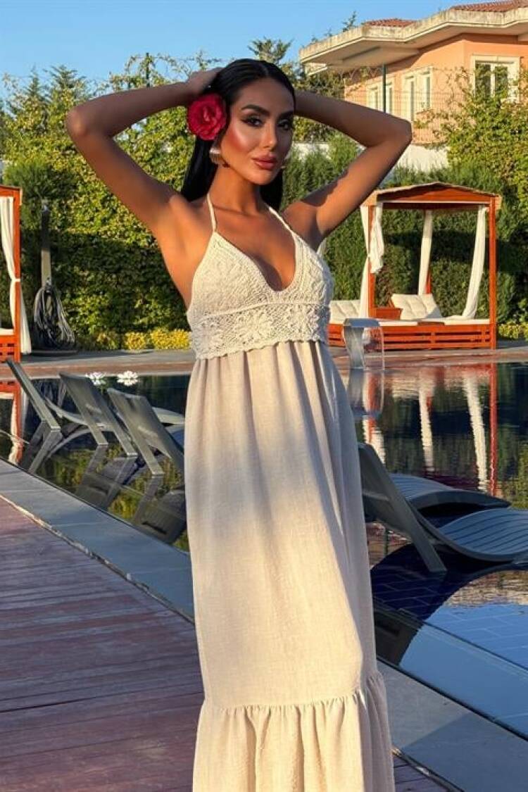 Beige Boho Elegant Maxi Slip Dress With Halter Neck And Cap Sleeve
