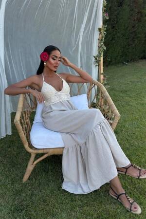 Beige Boho Elegant Maxi Slip Dress With Halter Neck And Cap Sleeve - Brand: Sobe Istanbul - Women's Clothing Wholesale - Globality Store