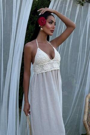 Beige Boho Elegant Maxi Slip Dress With Halter Neck And Cap Sleeve - Brand: Sobe Istanbul - Women's Clothing Wholesale - Globality Store