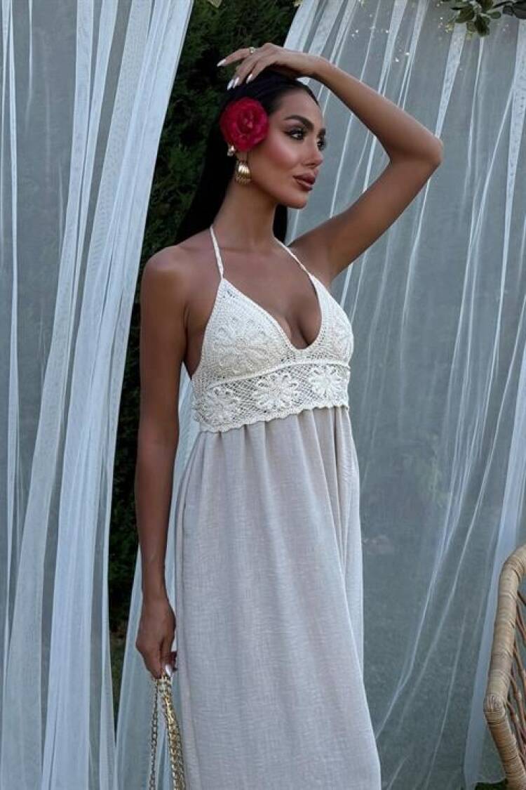 Beige Boho Elegant Maxi Slip Dress With Halter Neck And Cap Sleeve