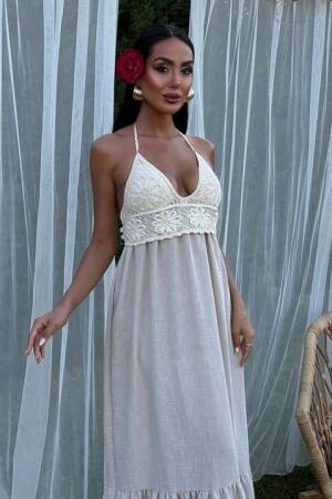 Beige Boho Elegant Maxi Slip Dress With Halter Neck And Cap Sleeve - Brand: Sobe Istanbul - Women's Clothing Wholesale - Globality Store