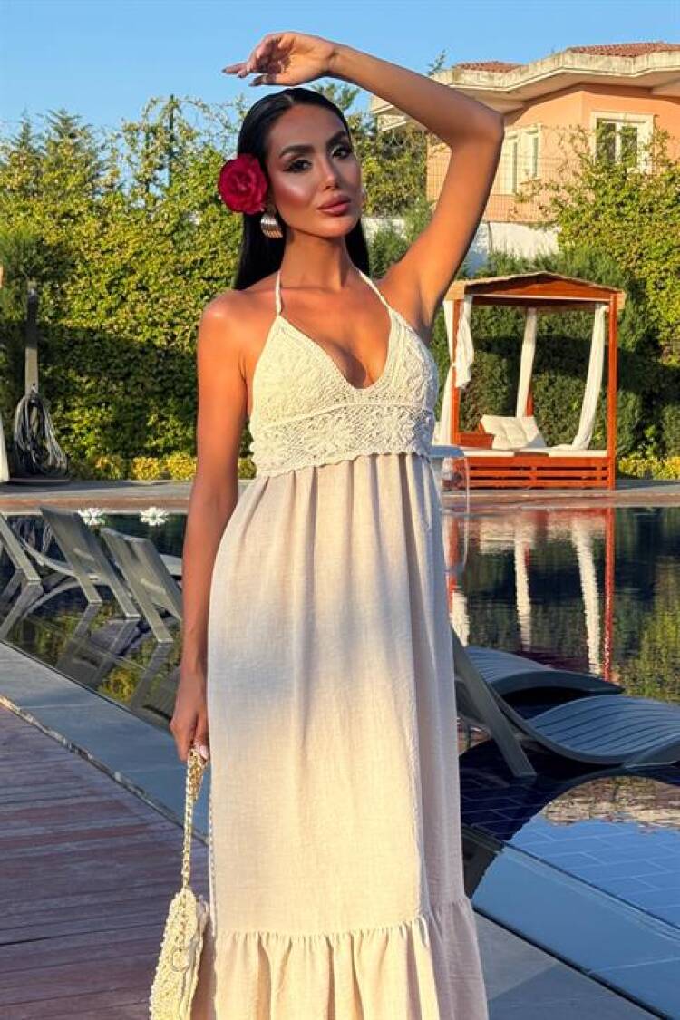 Beige Boho Elegant Maxi Slip Dress With Halter Neck And Cap Sleeve