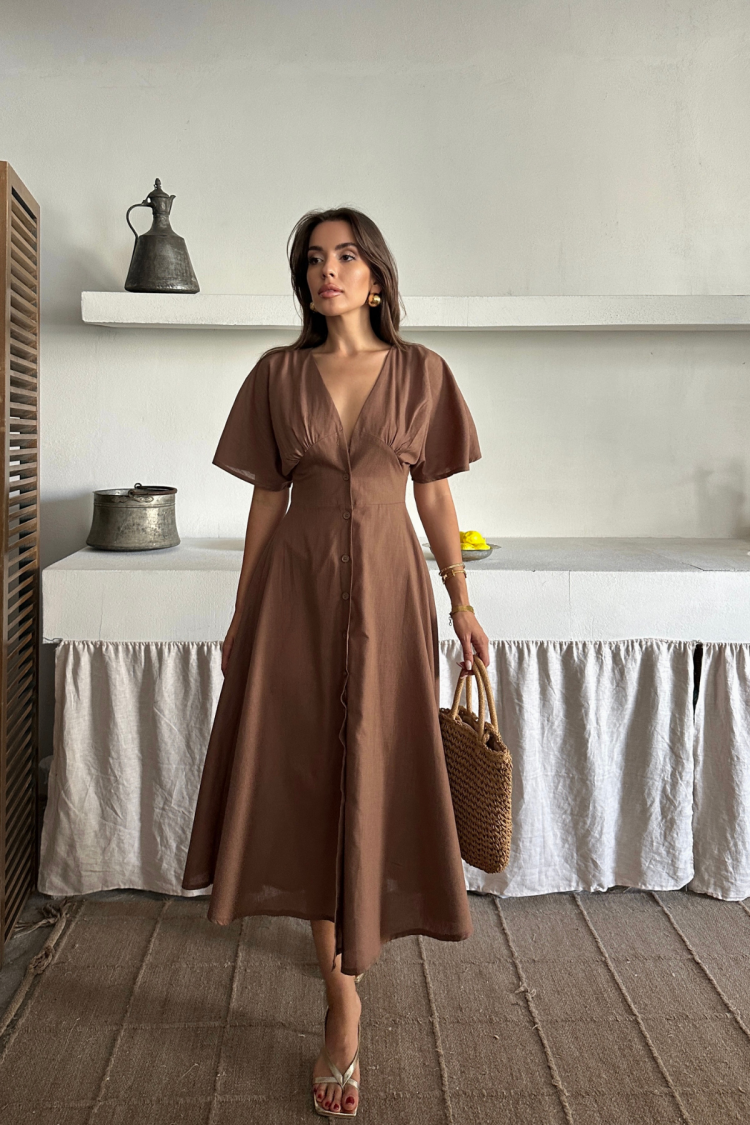 Fit And Flare Midi Dress With Plunging Neck