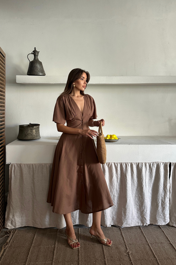 Fit And Flare Midi Dress With Plunging Neck