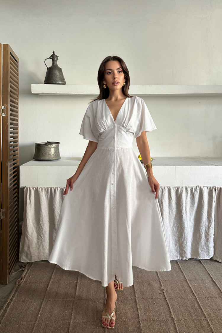 Fit And Flare Dress With V-Neck And Short Sleeves
