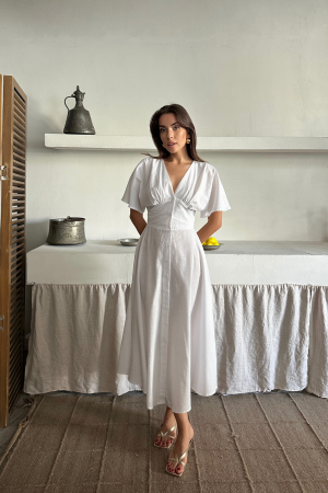 Fit And Flare Dress With V-Neck And Short Sleeves - Brand: Ello - Women's Clothing Wholesale - Globality Store