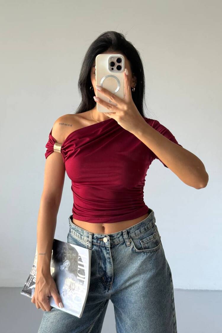 Claret Red One Shoulder Slim Fit Crop Blouse - Brand: Ezgi Nisantasi - Women's Clothing Wholesale - Globality Store