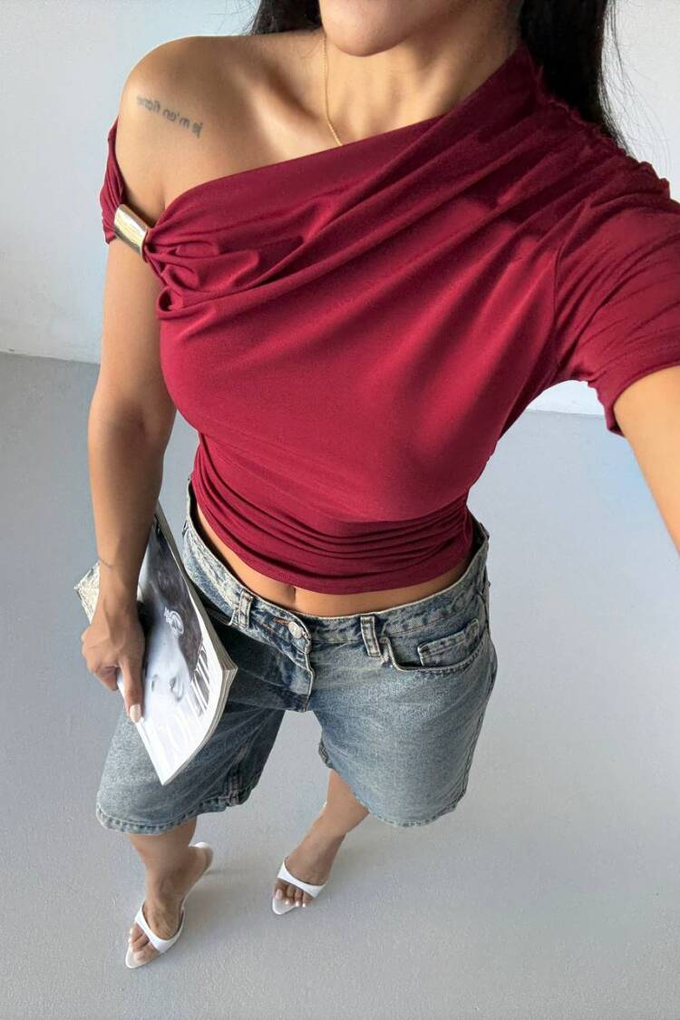 Claret Red One Shoulder Slim Fit Crop Blouse