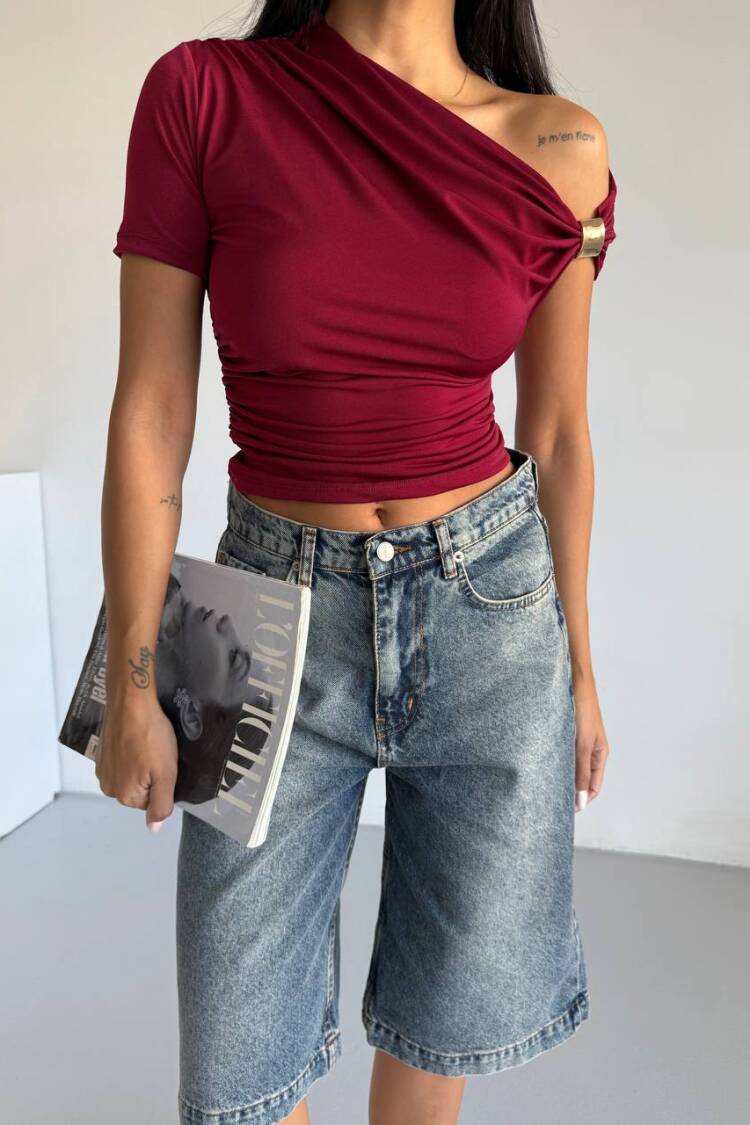 Claret Red One Shoulder Slim Fit Crop Blouse