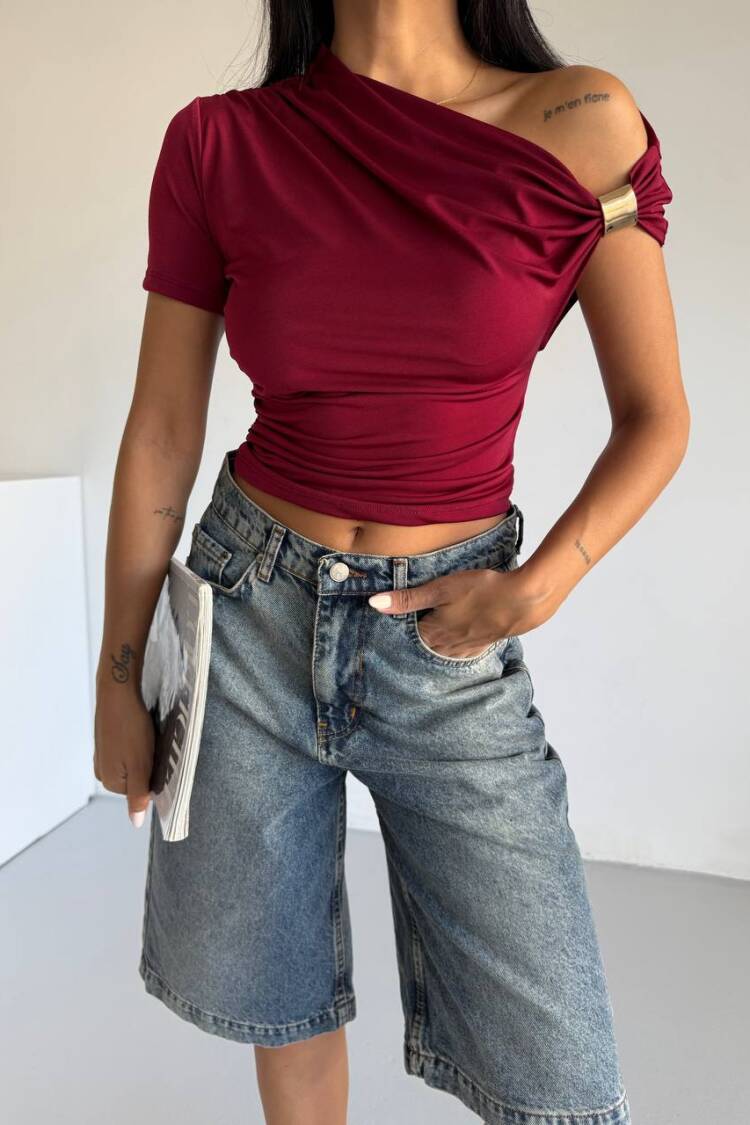 Claret Red One Shoulder Slim Fit Crop Blouse