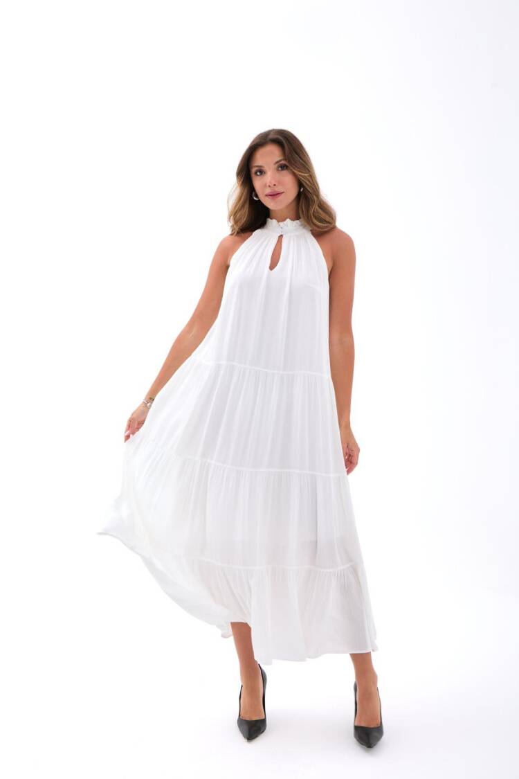 White Elegant Babydoll Dress With High Neck